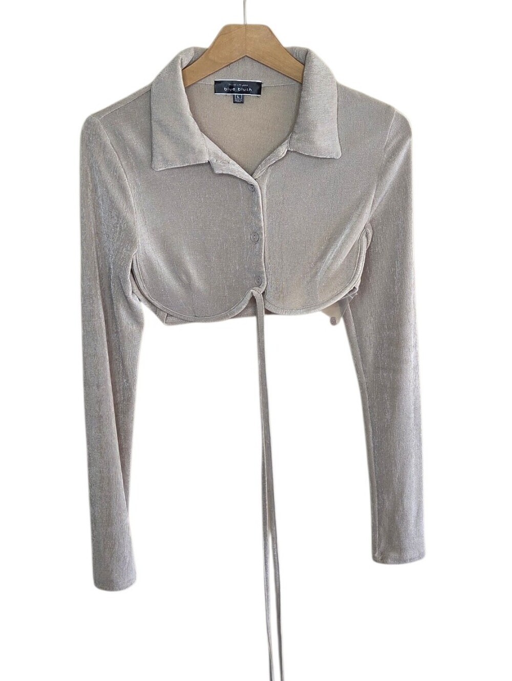 Blue Blush Tan Cropped Underwire Stretchy Collared Top with Waist Tie Size Large